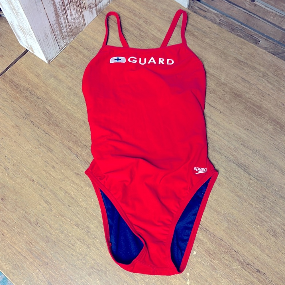 Speedo lifeguard pool summer job red blue one piece bathing swimsuit